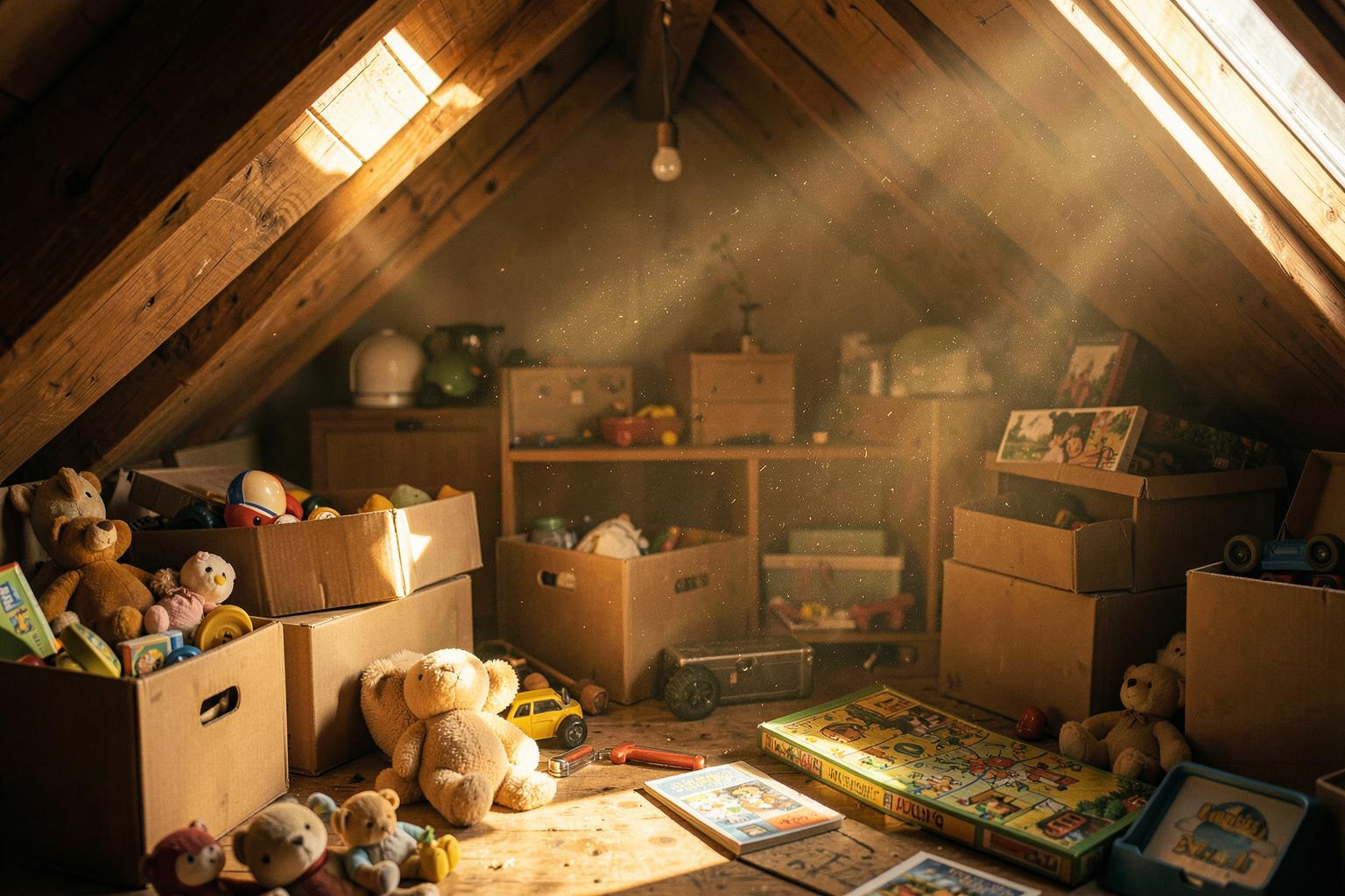 A sunlit attic full of childhood boxes